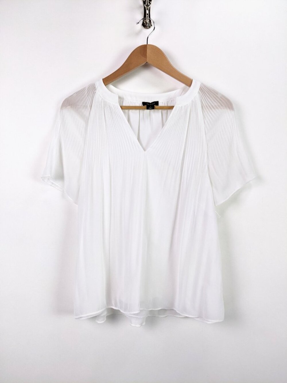 Halogen Womens White Pleated Sheer Blouse V-neck Top Size S
